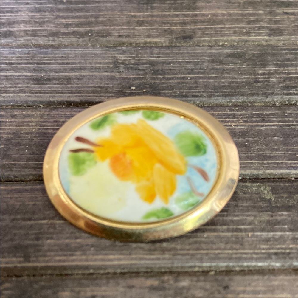 Vintage Hand Painted Floral Gold-Tone Brooch